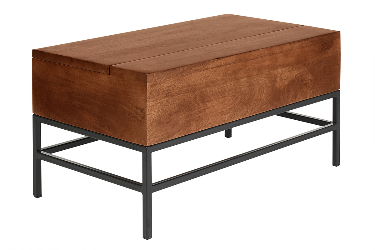 Mesa baja elevable industrial de madera de mango macizo tintada y metal negro L90 cm YPSTER