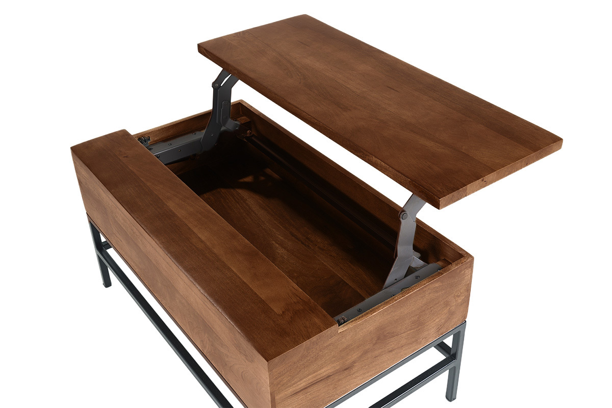 Mesa baja elevable industrial de madera de mango macizo tintada y metal negro L90 cm YPSTER