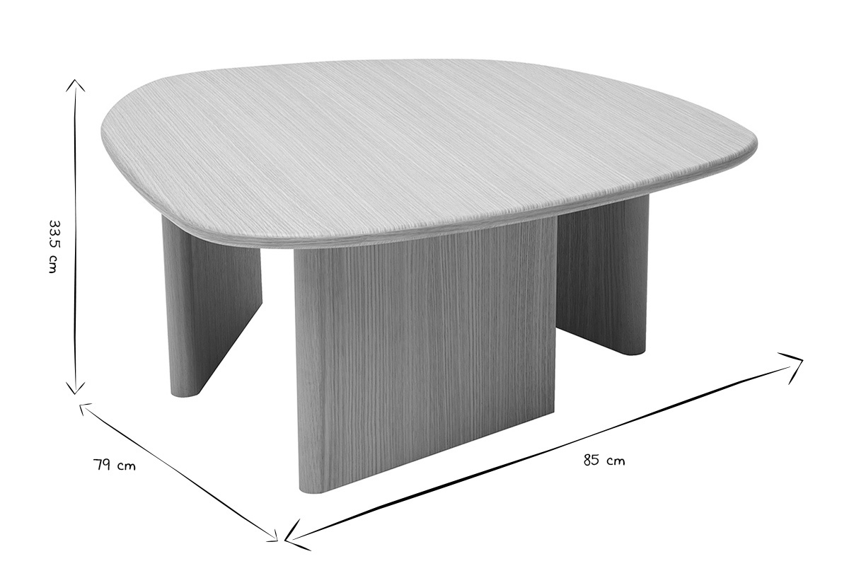 Mesa baja org�nica de madera clara L85 cm con dimensiones en blanco y negro.