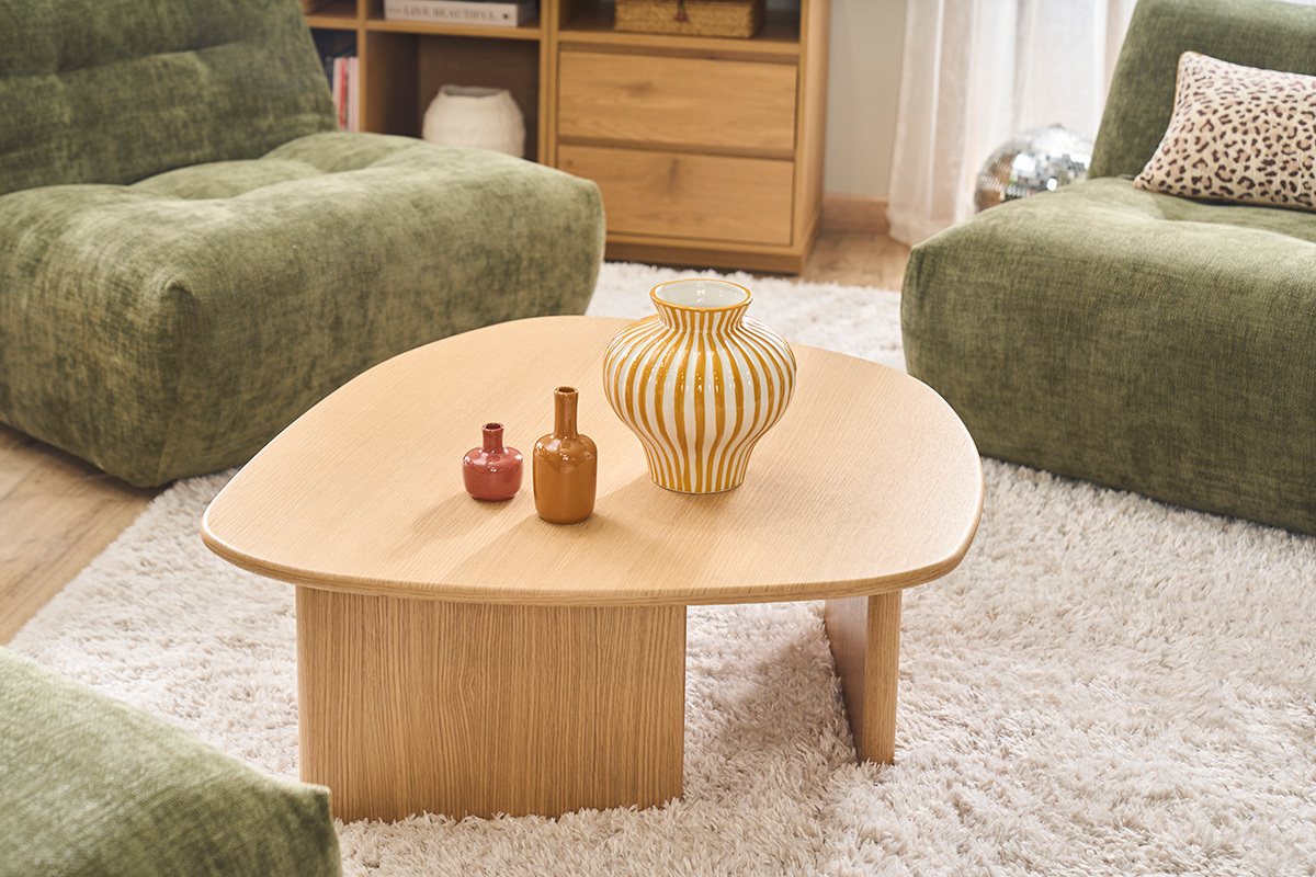 Mesa baja forma org�nica en madera clara roble L85 cm ONDINE