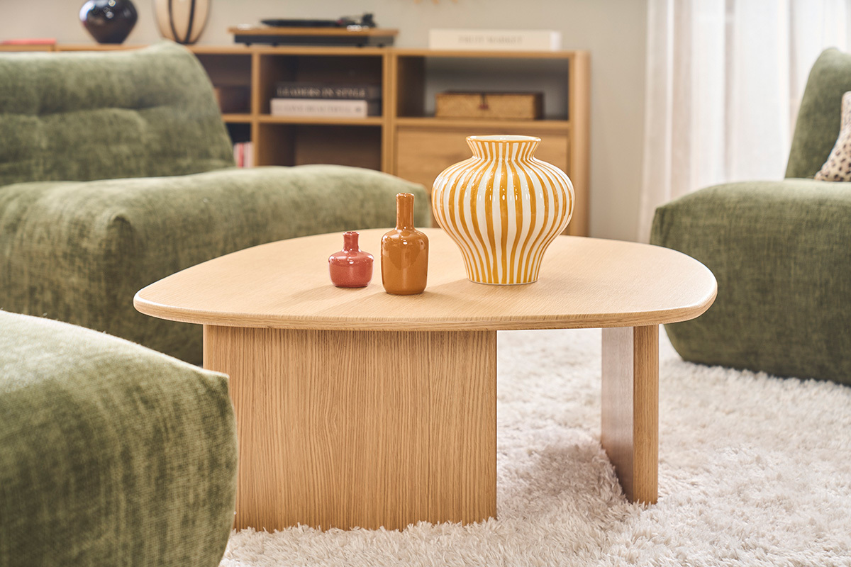 Mesa baja forma org�nica en madera clara roble L85 cm ONDINE