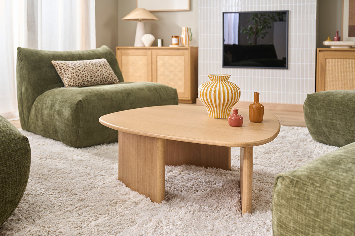 Mesa baja forma org�nica en madera clara roble L85 cm ONDINE
