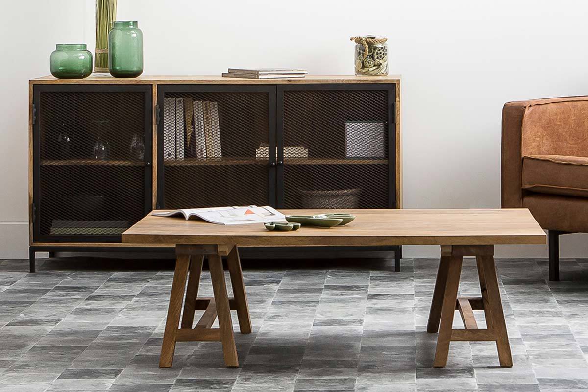 Mesa baja industrial de madera ANTIQUA