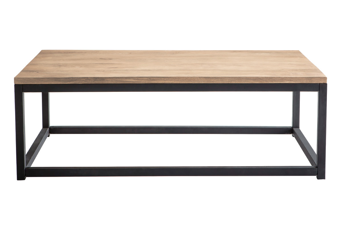Mesa de centro rectangular de madera clara de mango maciza y metal negro, vista frontal