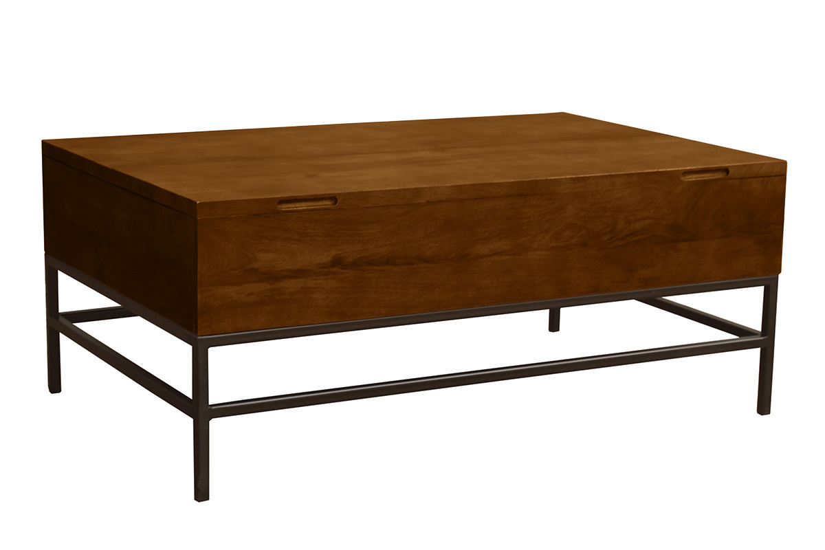 Mesa baja industrial elevable de madera maciza de mango teida y metal negro L110 cm YPSTER