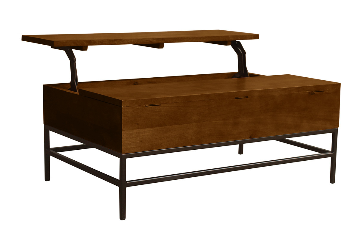 Mesa baja industrial elevable de madera maciza de mango teida y metal negro L110 cm YPSTER