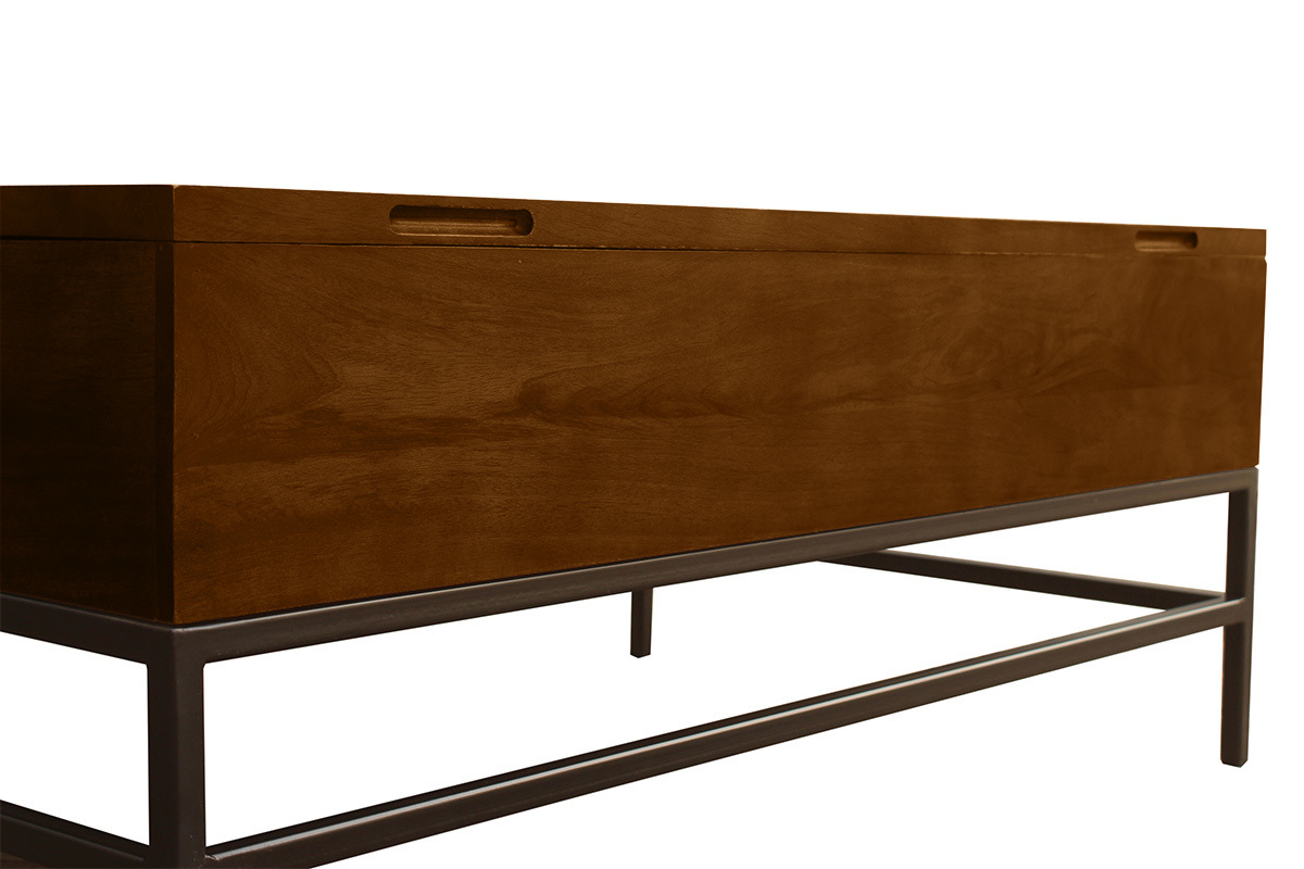 Mesa baja industrial elevable de madera maciza de mango teida y metal negro L110 cm YPSTER