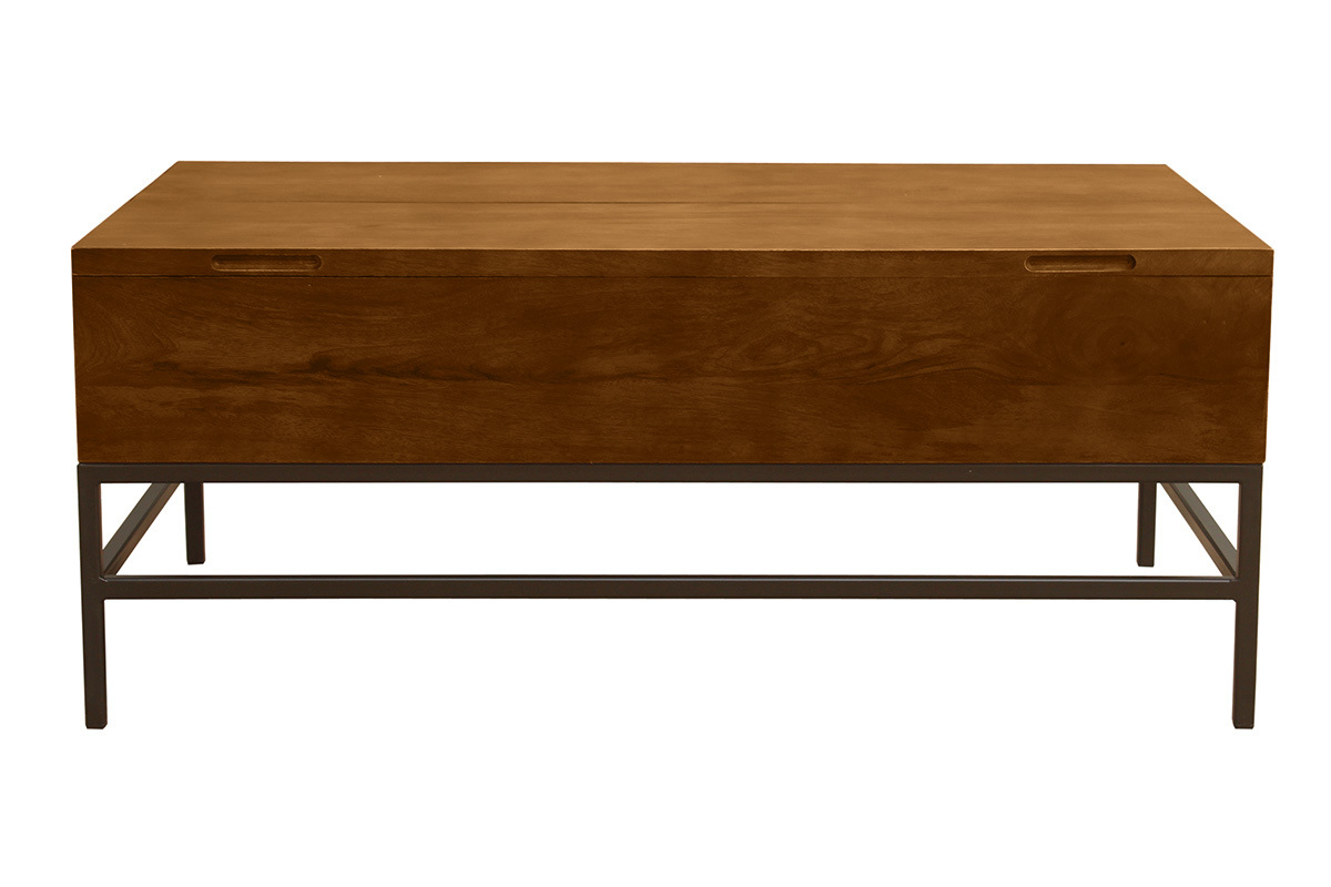 Mesa baja industrial elevable de madera maciza de mango teida y metal negro L110 cm YPSTER