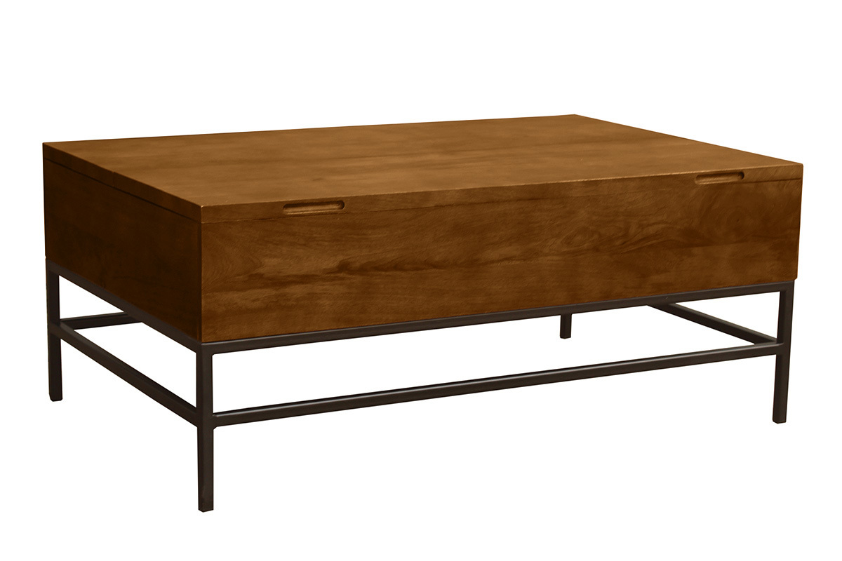Mesa baja industrial elevable de madera maciza de mango teida y metal negro L110 cm YPSTER