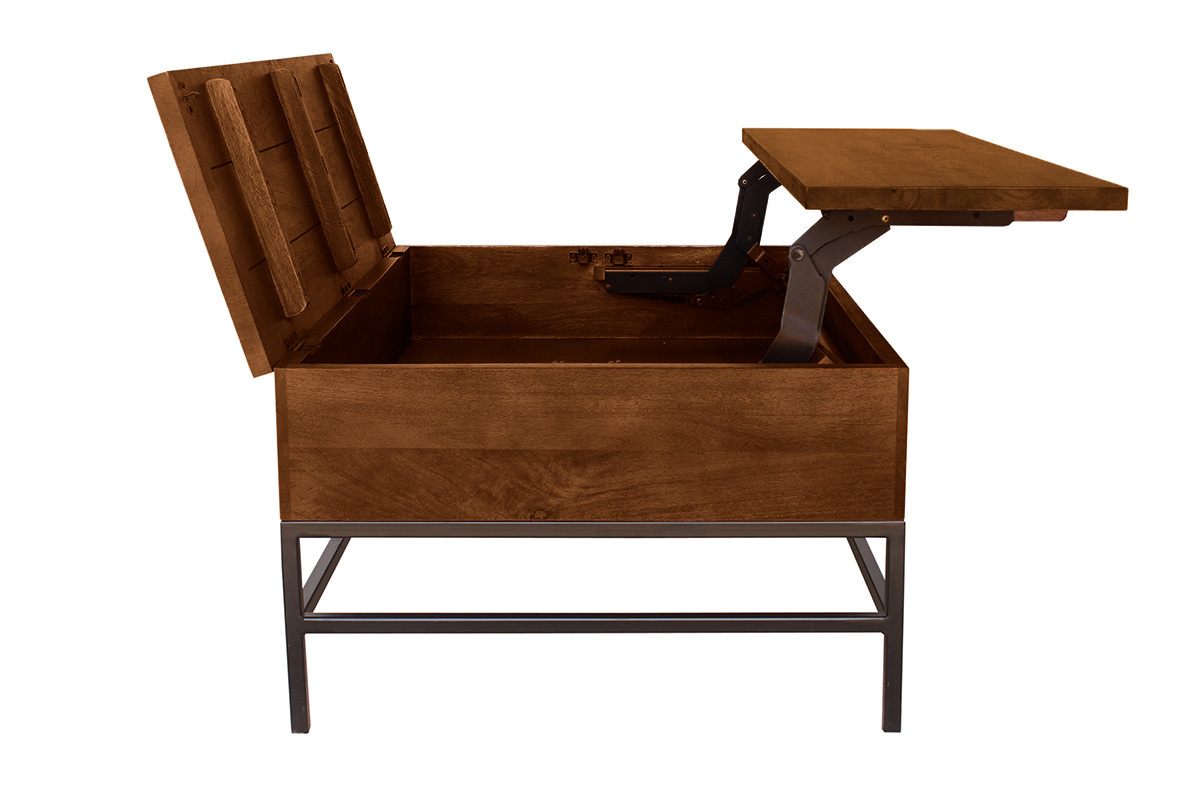 Mesa baja industrial elevable de madera maciza de mango teida y metal negro L110 cm YPSTER