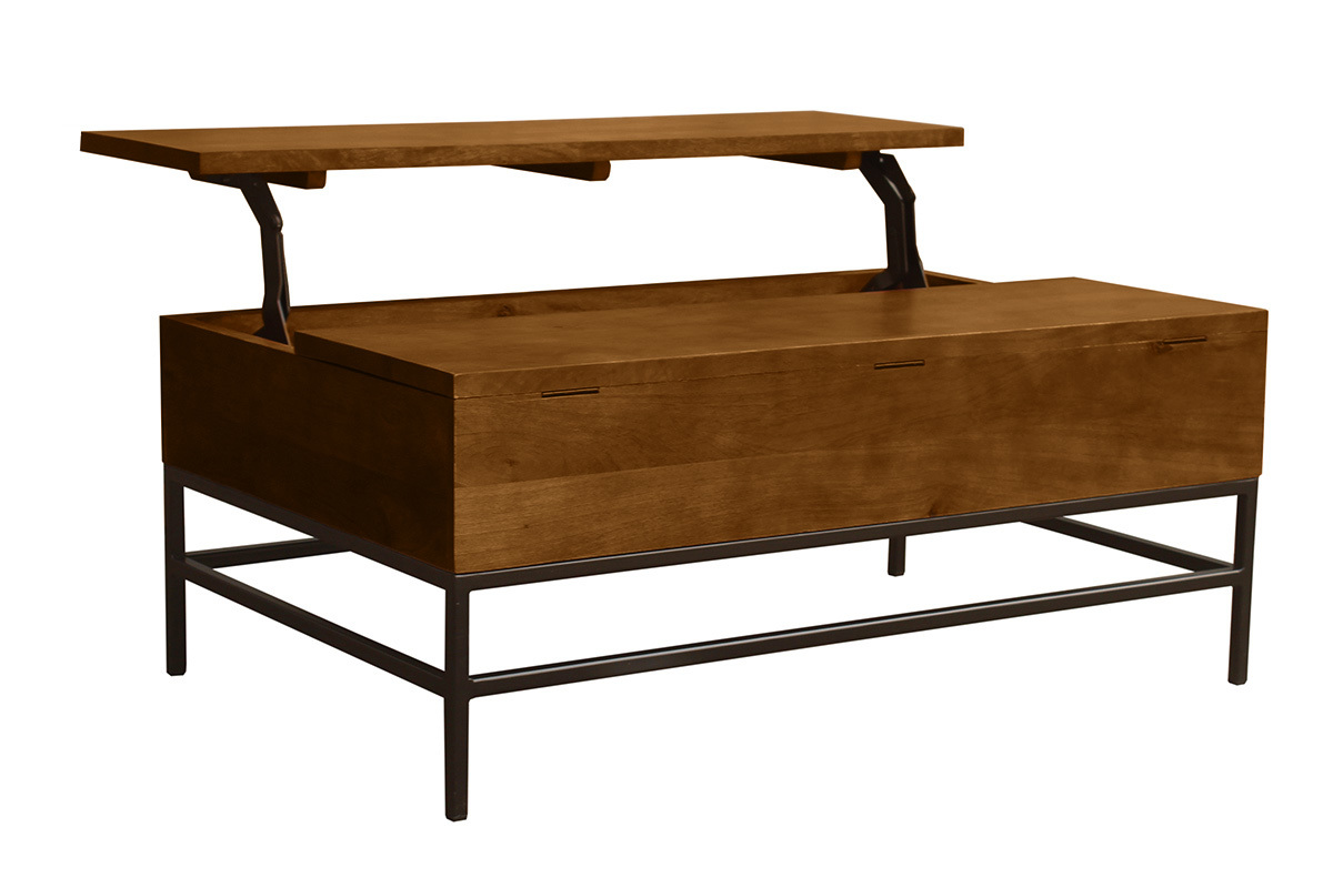Mesa baja industrial elevable de madera maciza de mango teida y metal negro L110 cm YPSTER