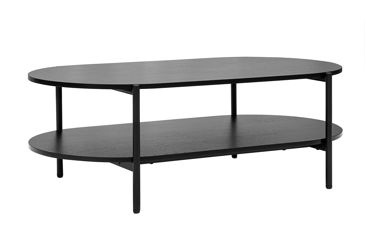 Mesa baja ovalada negra de madera y metal con doble bandeja, vista de 3/4.