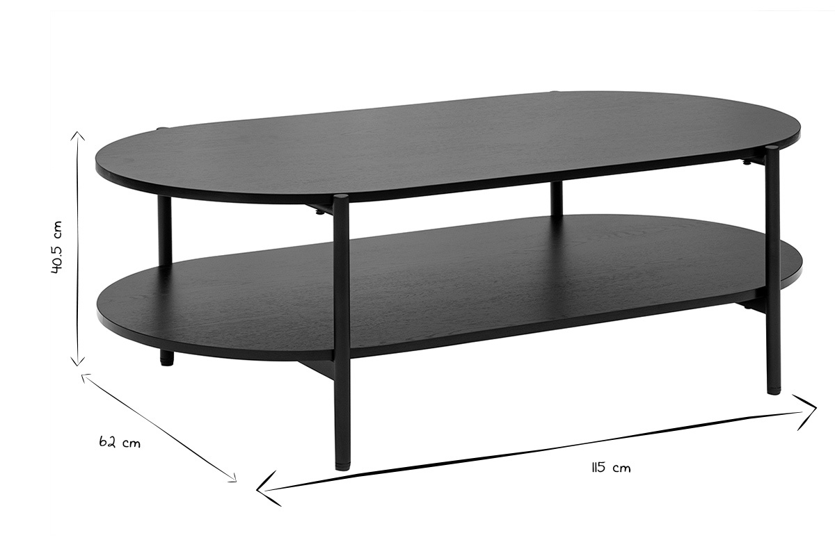 Mesa baja ovalada negra 115x62x40,5 cm, vista lateral, en blanco y negro.