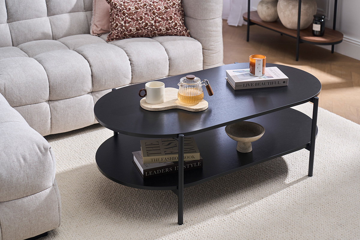 Mesa baja ovalada acabado en madera negra y metal L115 cm BRUNA