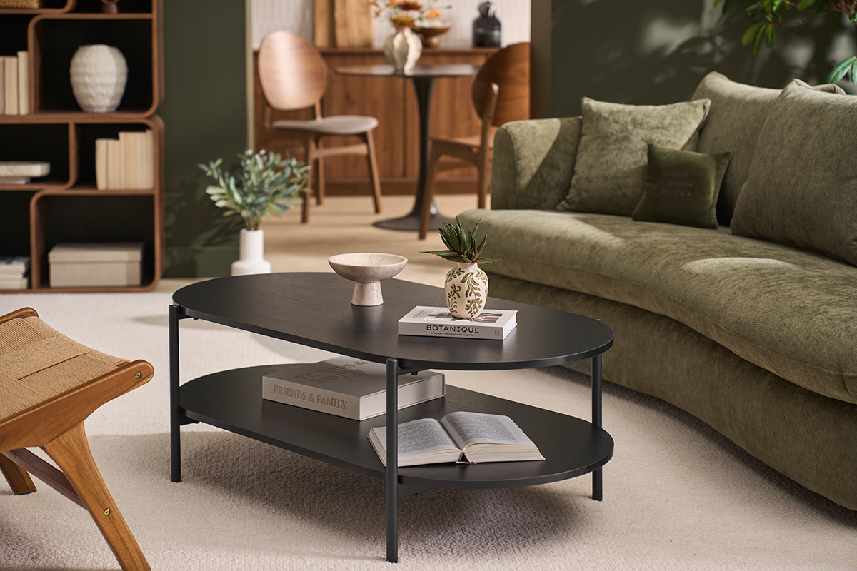 Mesa baja ovalada acabado en madera negra y metal L115 cm BRUNA