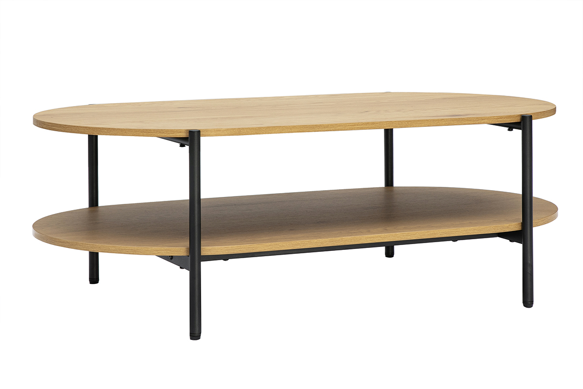 Mesa baja ovalada de madera clara y metal negro, vista de 3/4.