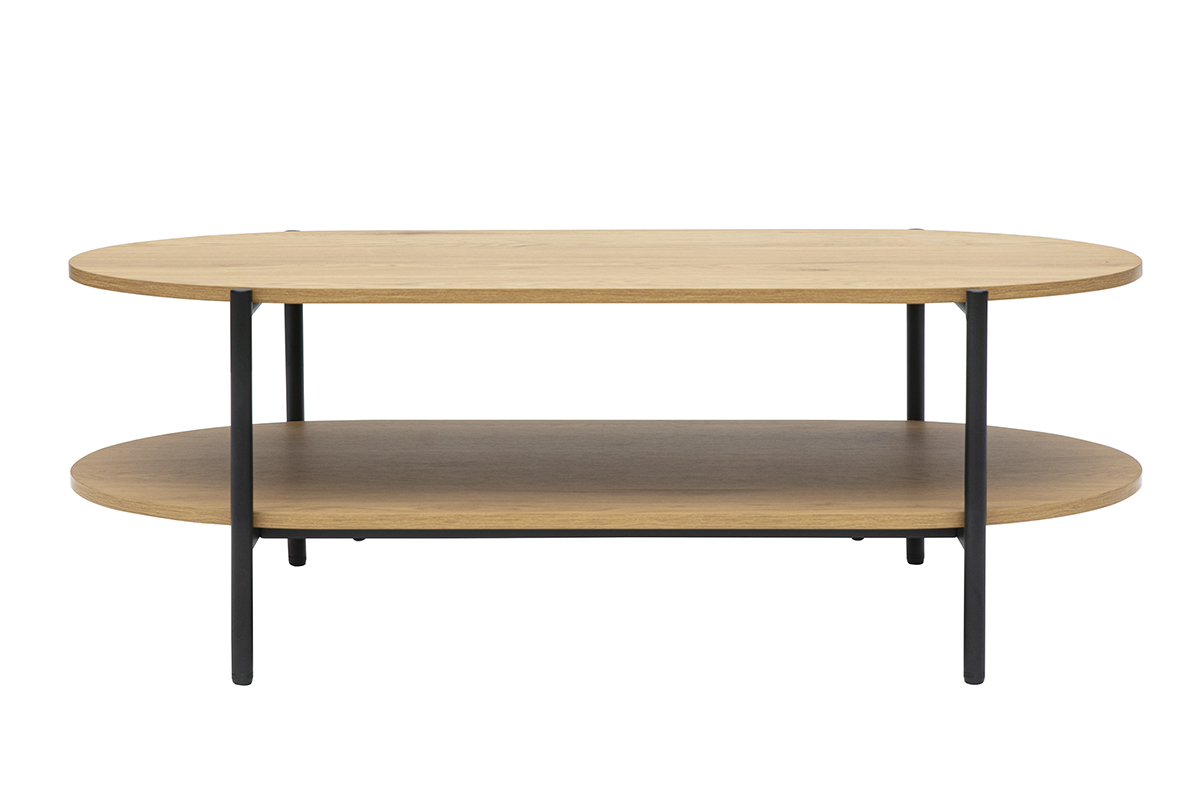 Mesa de centro ovalada de madera clara y metal negro, vista frontal, con doble tablero de roble.