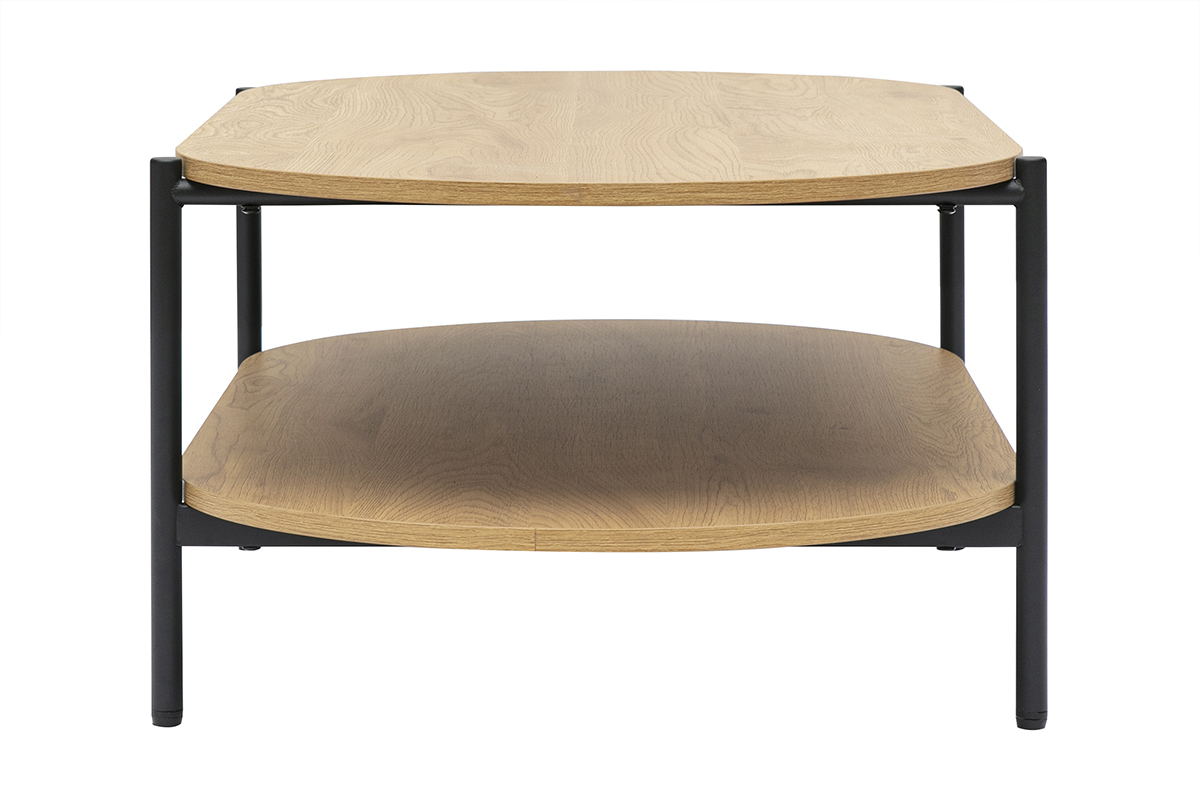 Mesa baja ovalada de madera clara y metal con doble tablero, vista de perfil.