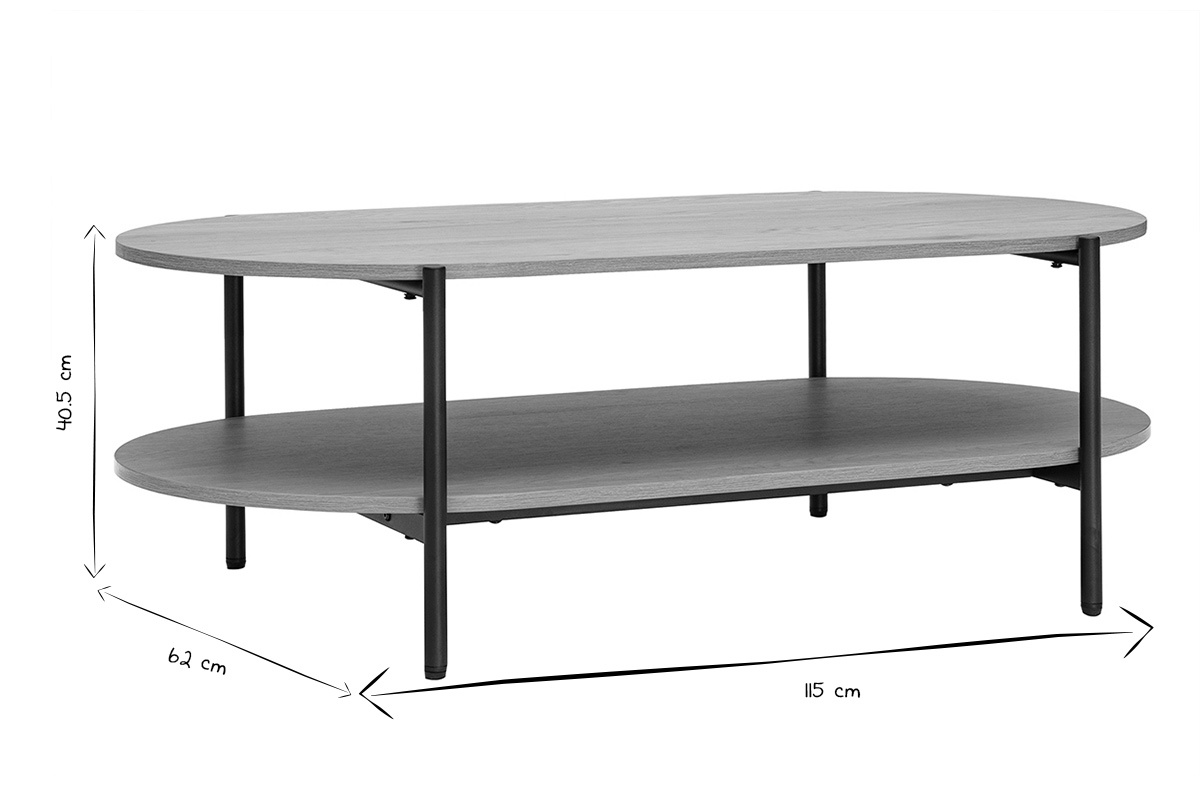 Mesa baja ovalada en negro y blanco, dimensiones 115x62x40,5 cm.