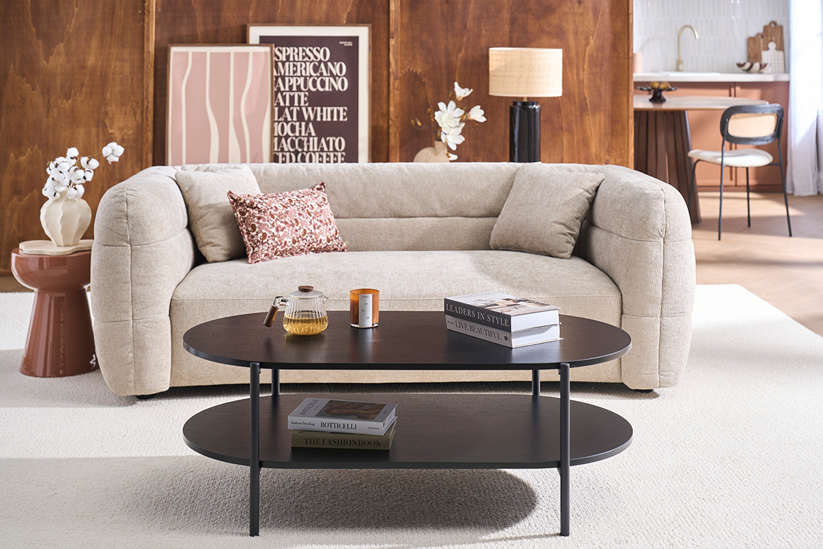 Mesa baja ovalada acabado madera clara roble y metal L115 cm BRUNA