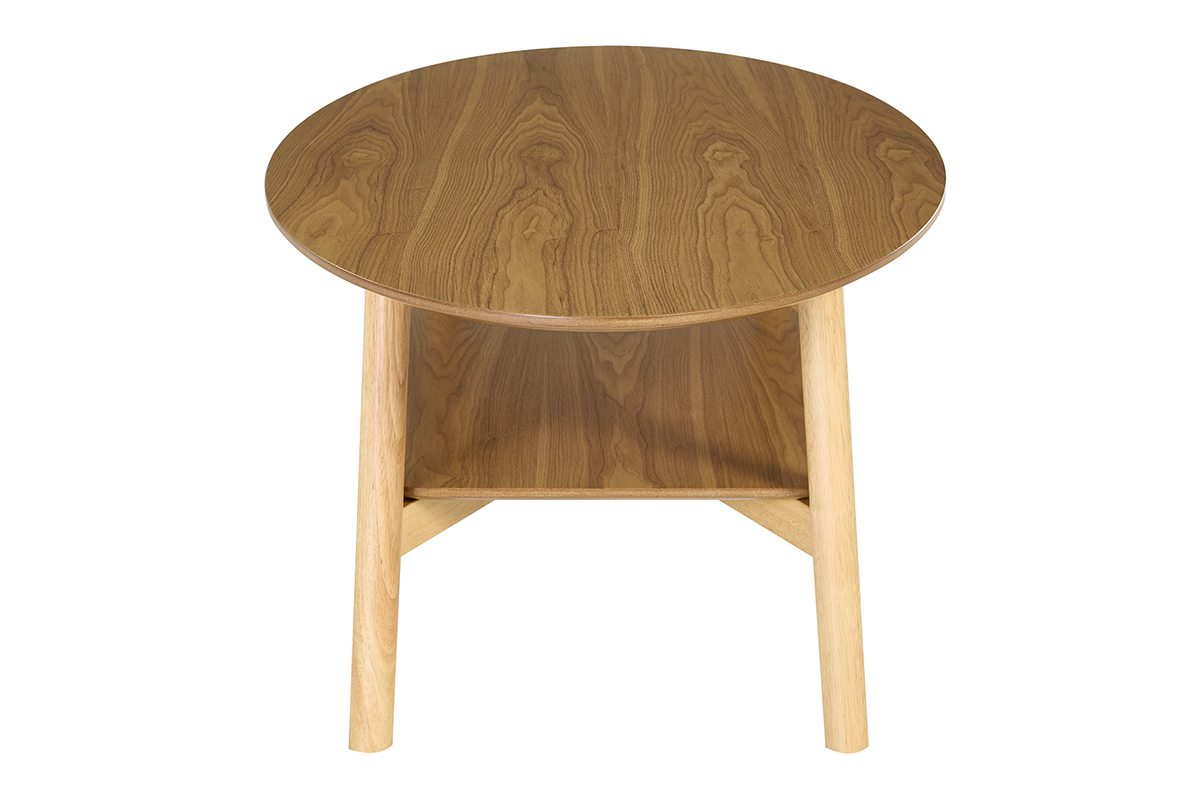 Mesa baja ovalada de madera clara, vista de perfil