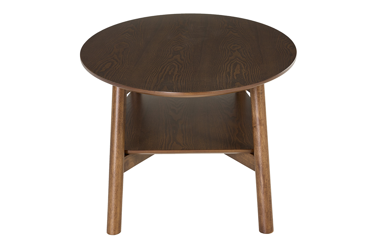 Mesa baja ovalada de madera oscura vista de perfil, doble tablero.