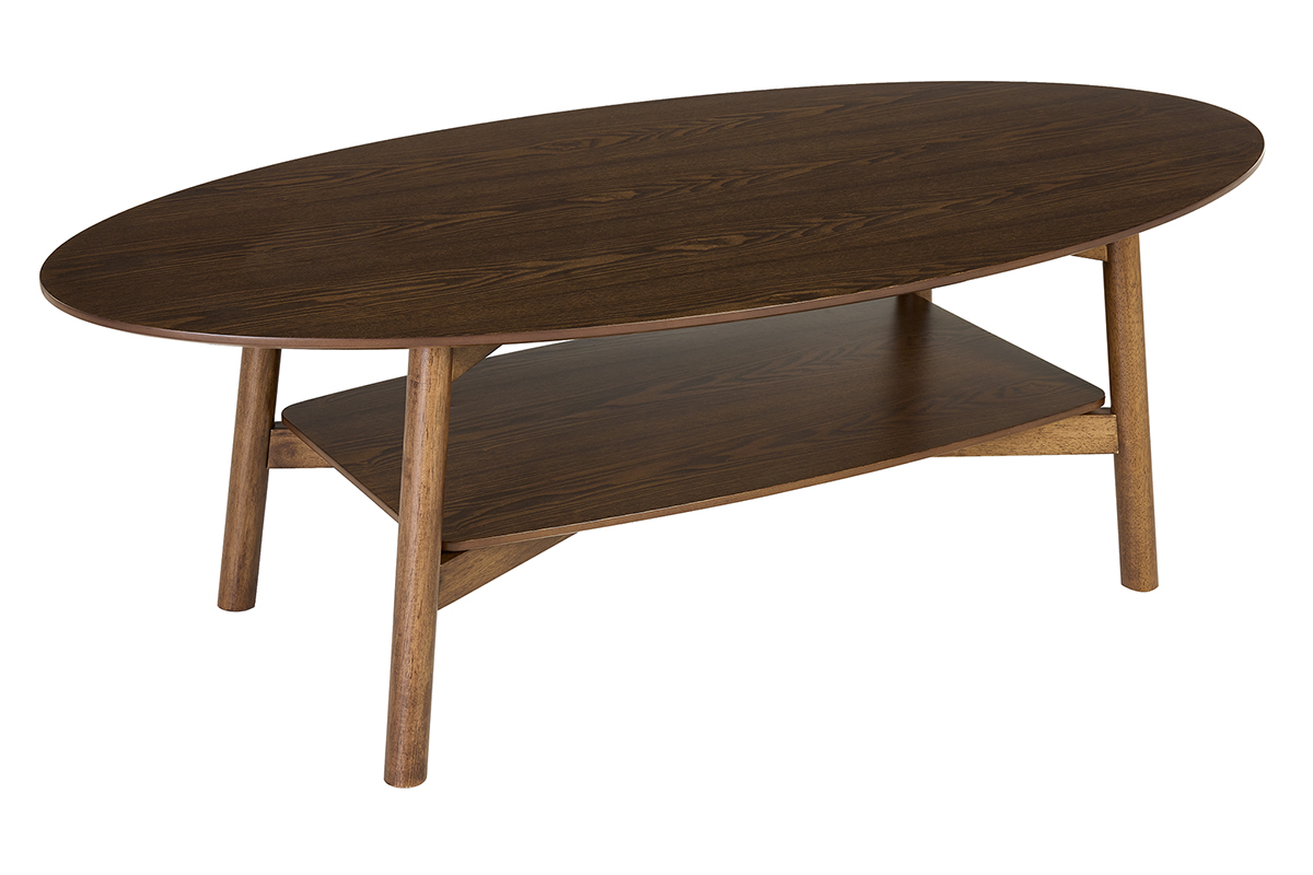 Mesa de centro ovalada de madera oscura con doble tablero, vista de tres cuartos.
