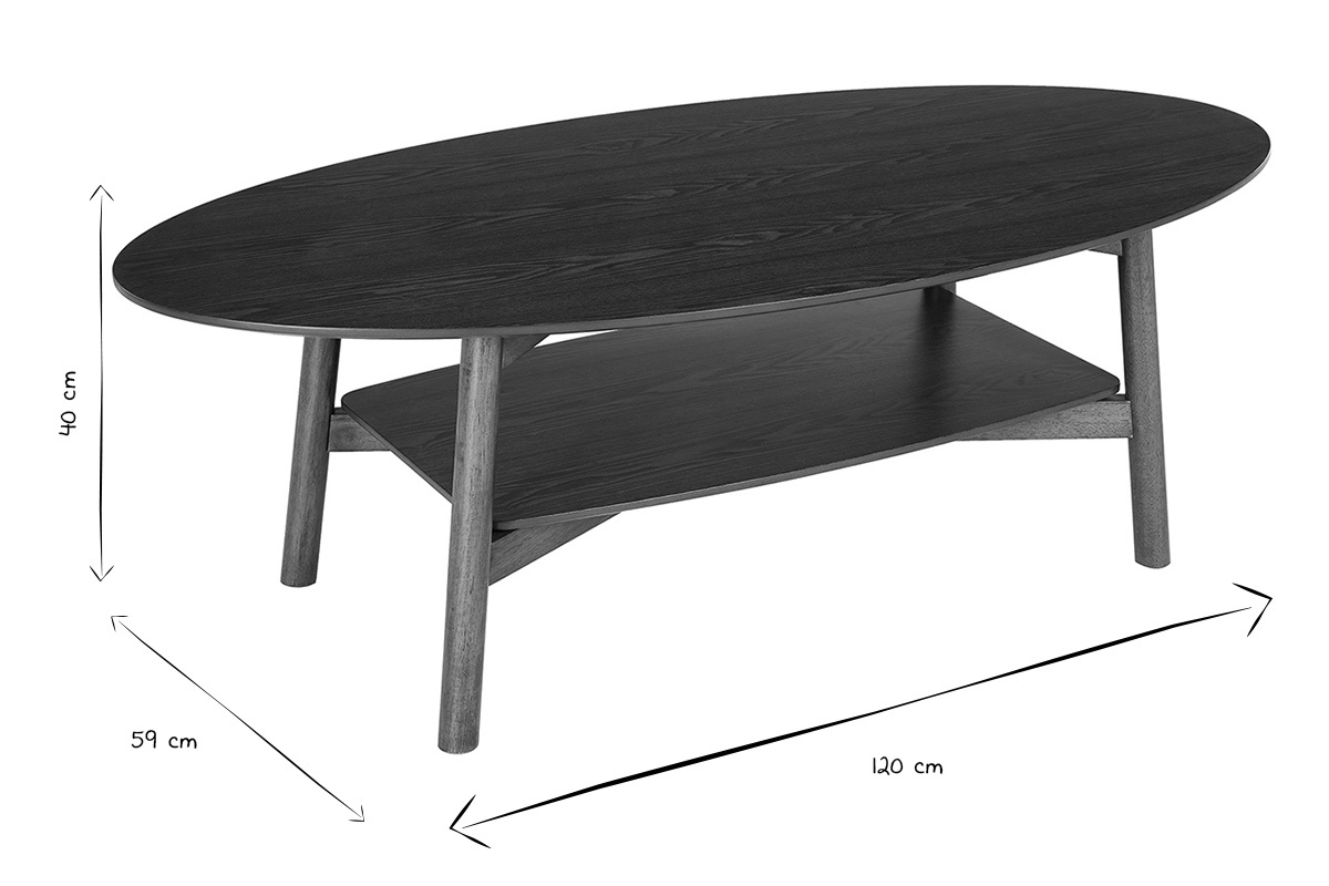 Dimensiones de la mesa baja ovalada HANAE en madera oscura, L120 x l59 x H40 cm, vista en blanco y negro.