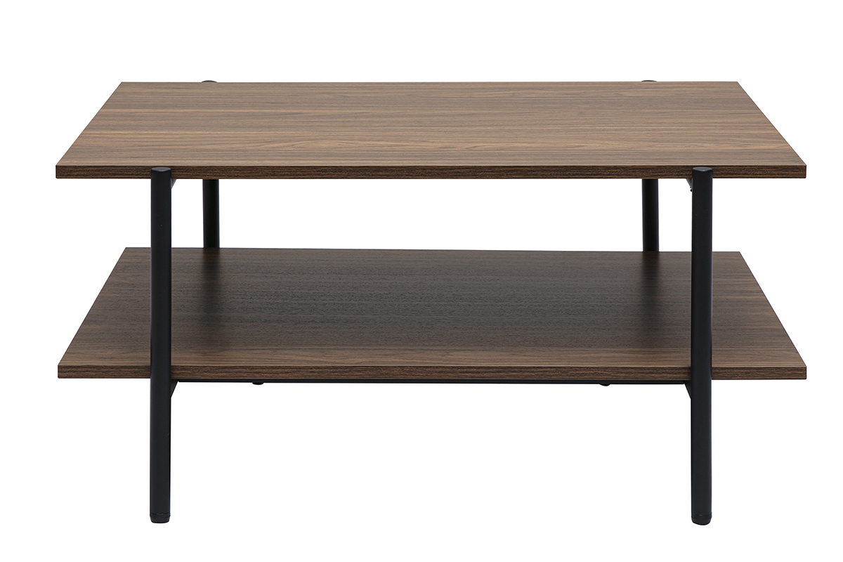 Mesa de centro rectangular de madera oscura nogal y metal negro, vista frontal, L80 cm.