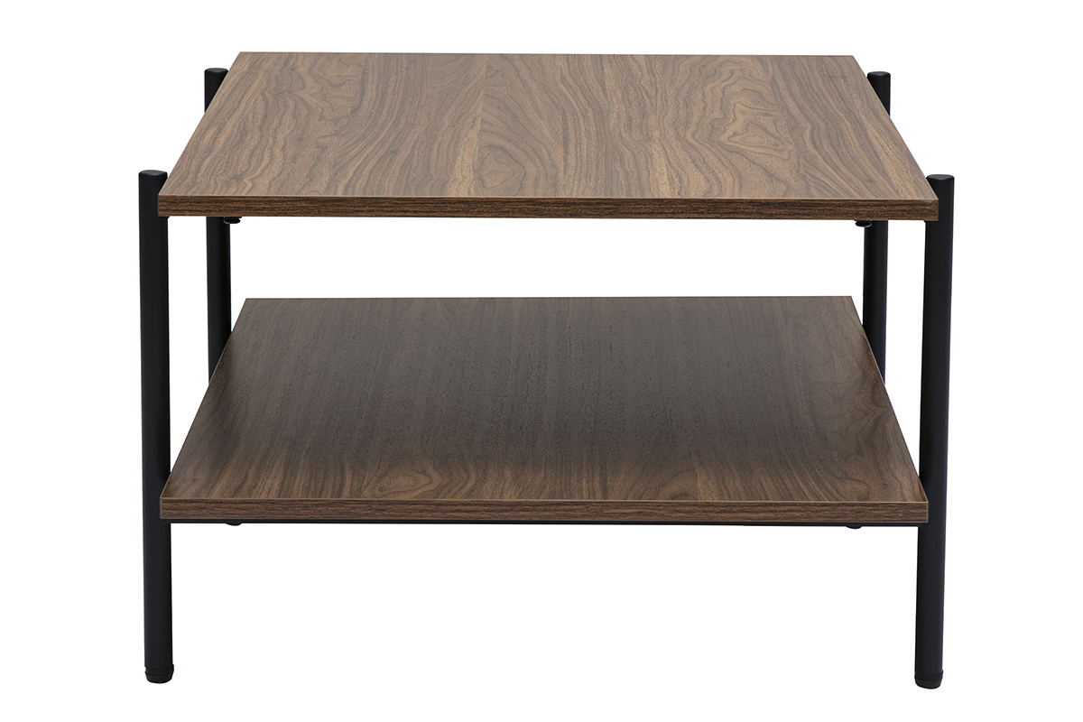 Mesa de centro rectangular de madera de nogal oscuro y metal negro, vista de perfil, con doble tablero.
