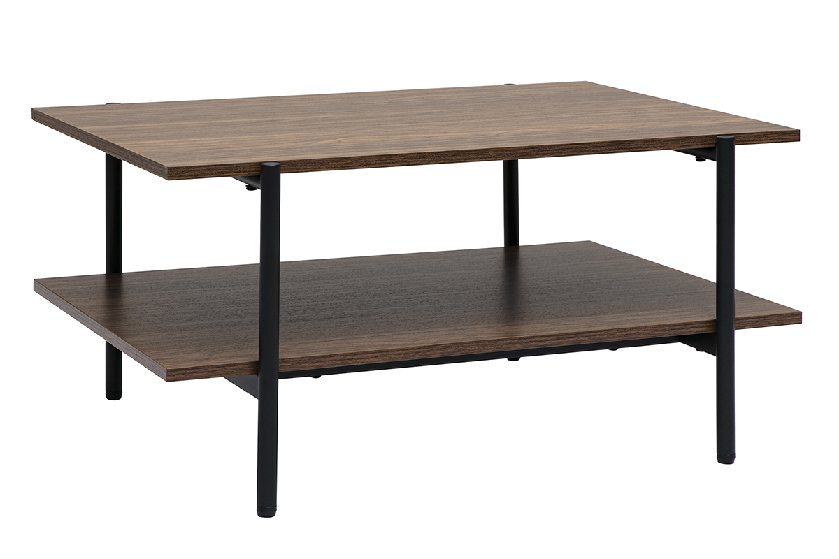 Mesa de centro rectangular de madera oscura nogal y metal negro, vista en tres cuartos
