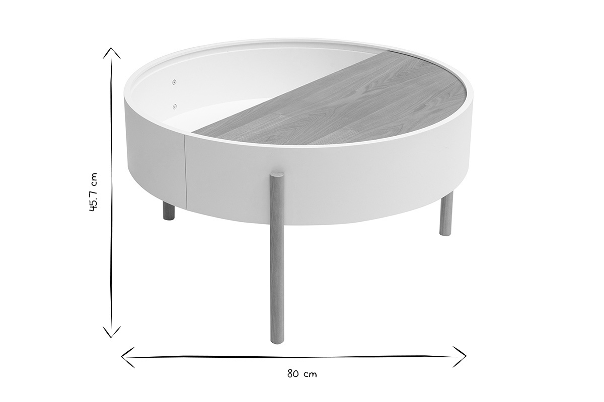 Mesa baja redonda D80 cm con bandeja giratoria, dimensiones de 45,7 cm de alto, vista en blanco y negro.