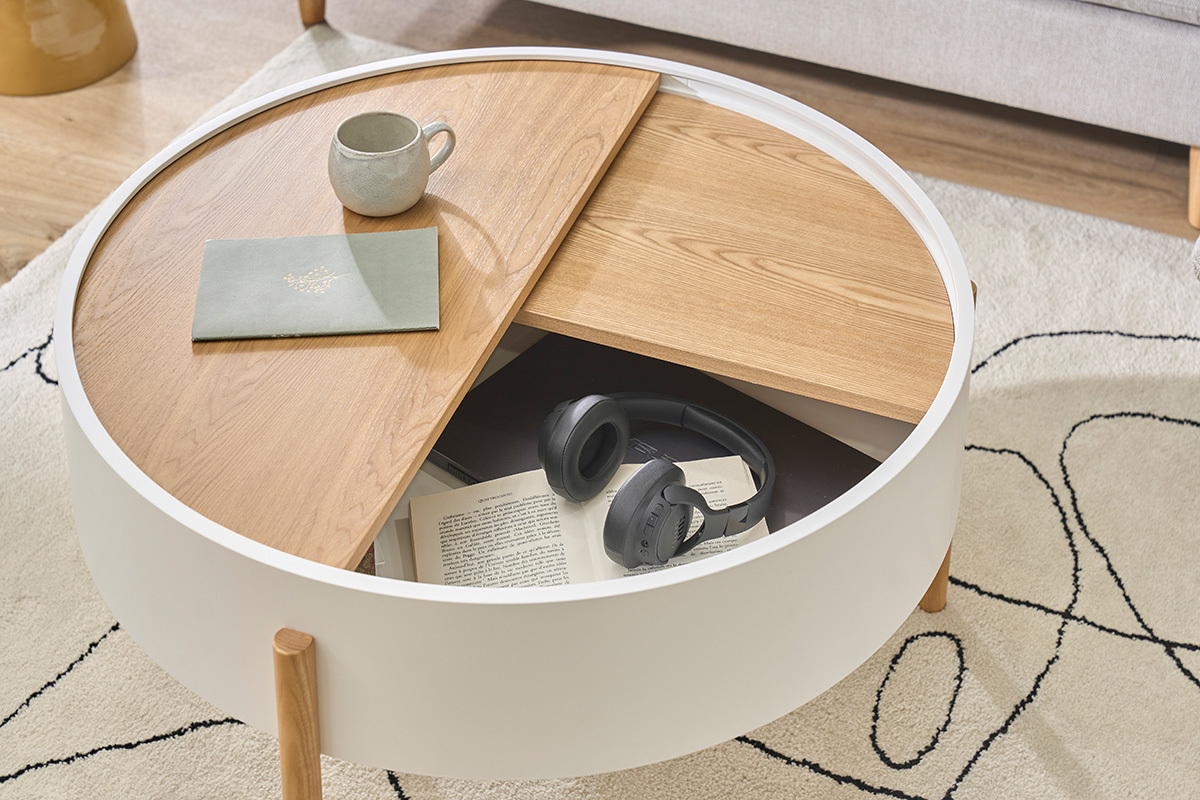 Mesa baja redonda blanca y madera clara de fresno con plato giratorio y almacenaje D80 cm YOLINE
