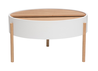 Mesa baja redonda blanca y madera clara de fresno con plato giratorio y almacenaje D80 cm YOLINE