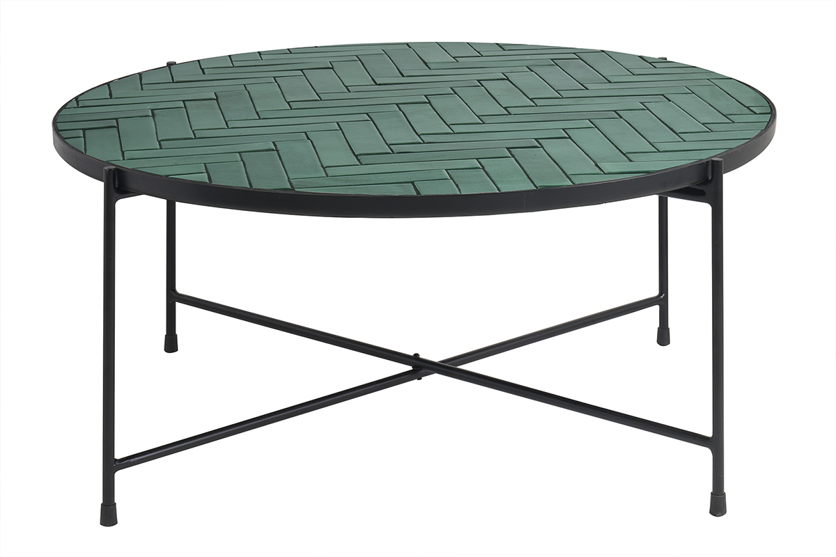 Mesa baja redonda de cermica verde oscuro y metal negro D80.5 cm KOTTA