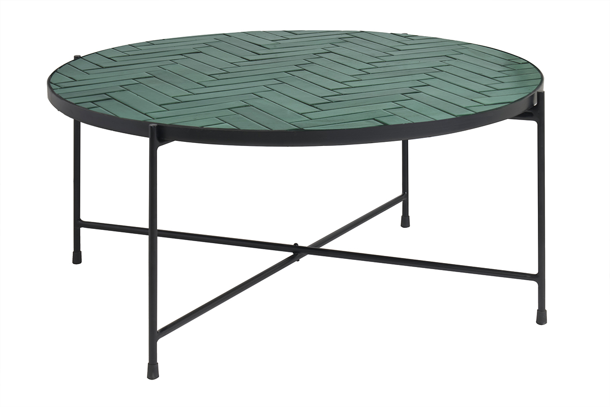Mesa baja redonda de cermica verde oscuro y metal negro D80.5 cm KOTTA