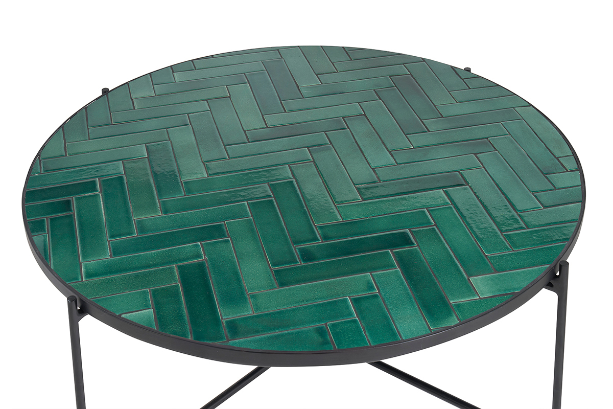 Mesa baja redonda de cermica verde oscuro y metal negro D80.5 cm KOTTA