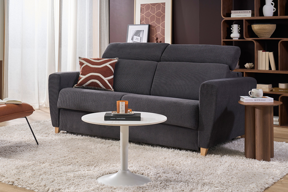 Mesa baja redonda de dise�o en cer�mica blanca y metal D60 cm MALOU