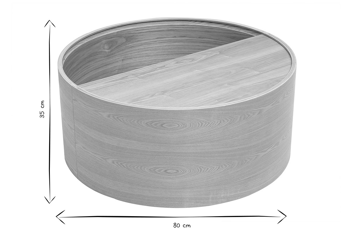 Mesa baja redonda de madera clara con dimensiones, 80 cm de di�metro, 35 cm de altura, vista desde arriba.