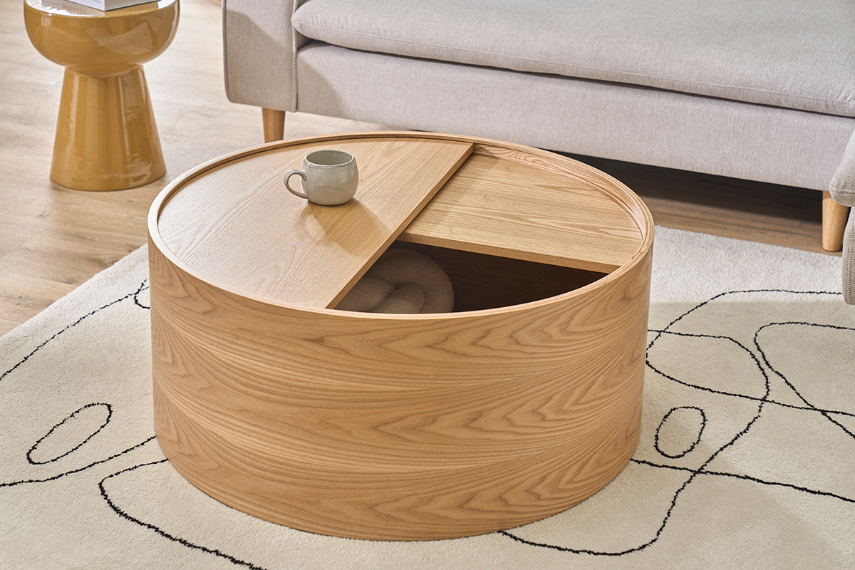 Mesa baja redonda de madera clara de fresno con bandeja giratoria y almacenamiento D80 cm DALI