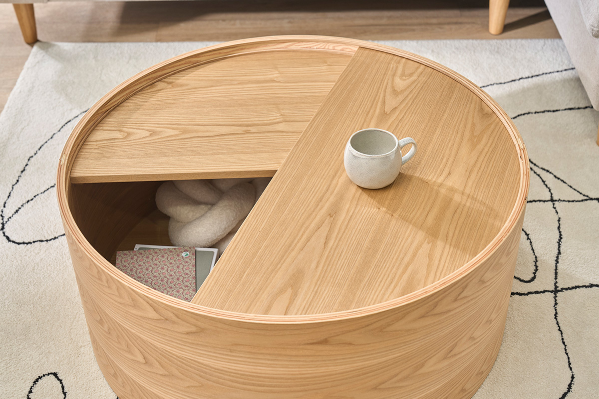 Mesa baja redonda de madera clara de fresno con bandeja giratoria y almacenamiento D80 cm DALI