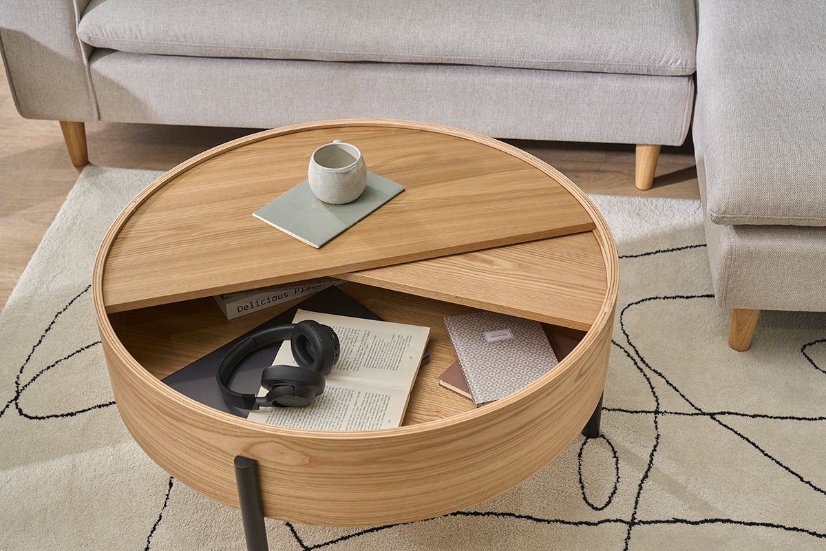 Mesa baja redonda de madera clara de fresno y metal negro con plato giratorio y almacenamiento D80 cm YOLINE