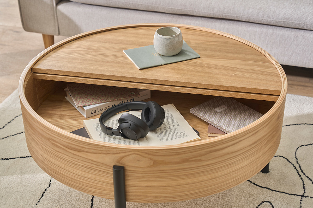 Mesa baja redonda de madera clara de fresno y metal negro con plato giratorio y almacenamiento D80 cm YOLINE