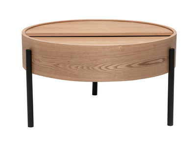 Mesa baja redonda de madera clara de fresno y metal negro con plato giratorio y almacenamiento D80 cm YOLINE