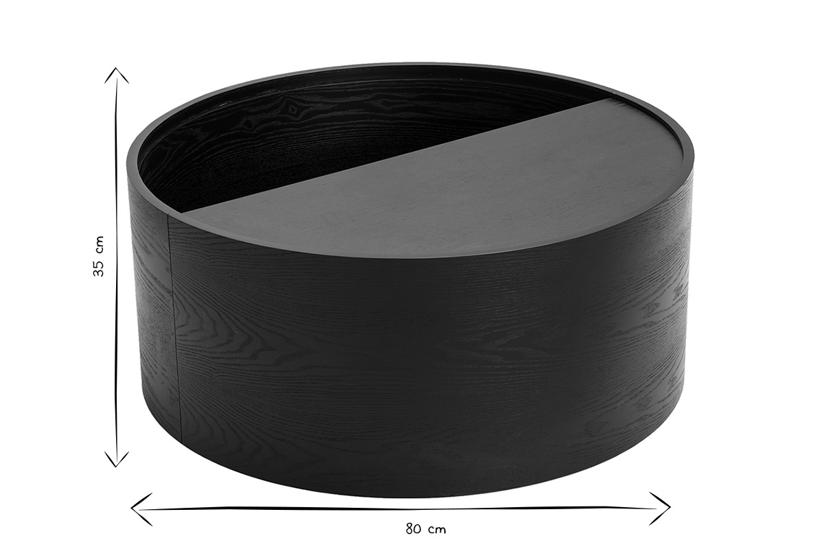 Mesa baja redonda de madera negra con dimensiones 80 cm x 35 cm, en negro y blanco.