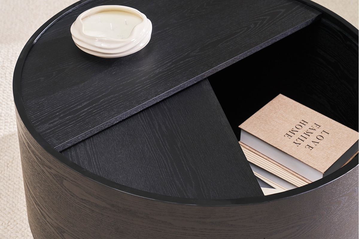 Mesa baja redonda de madera negra con bandeja giratoria y almacenaje D80 cm DALI