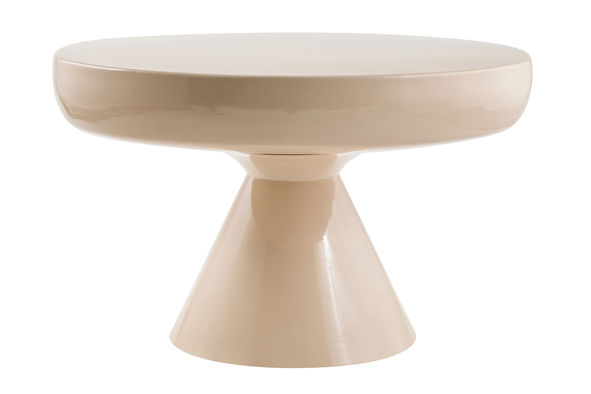 Mesa baja redonda de metal esmaltado beige, di�metro 59 cm, vista frontal.