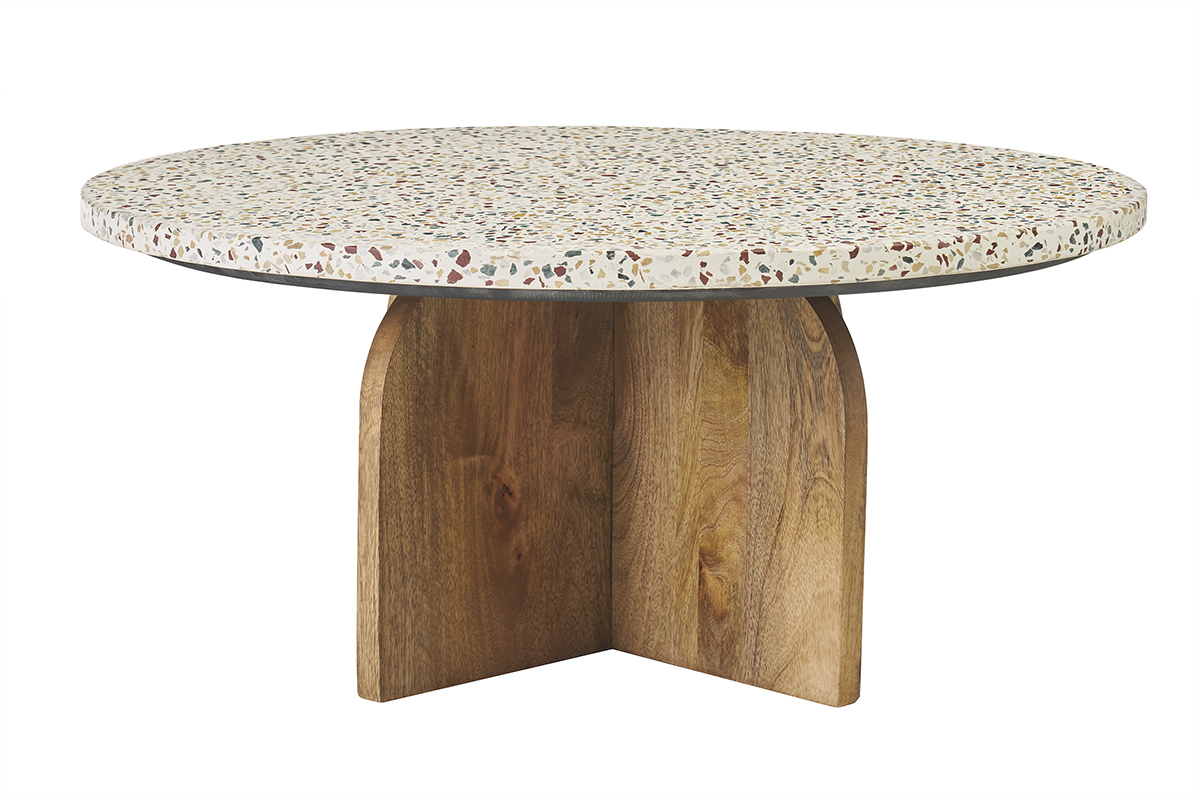 Mesa baja redonda de terrazzo y madera de mango, vista frontal.