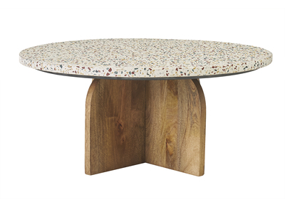 Mesa baja redonda en terrazo y madera clara de mango macizo D79.5 cm NESSA