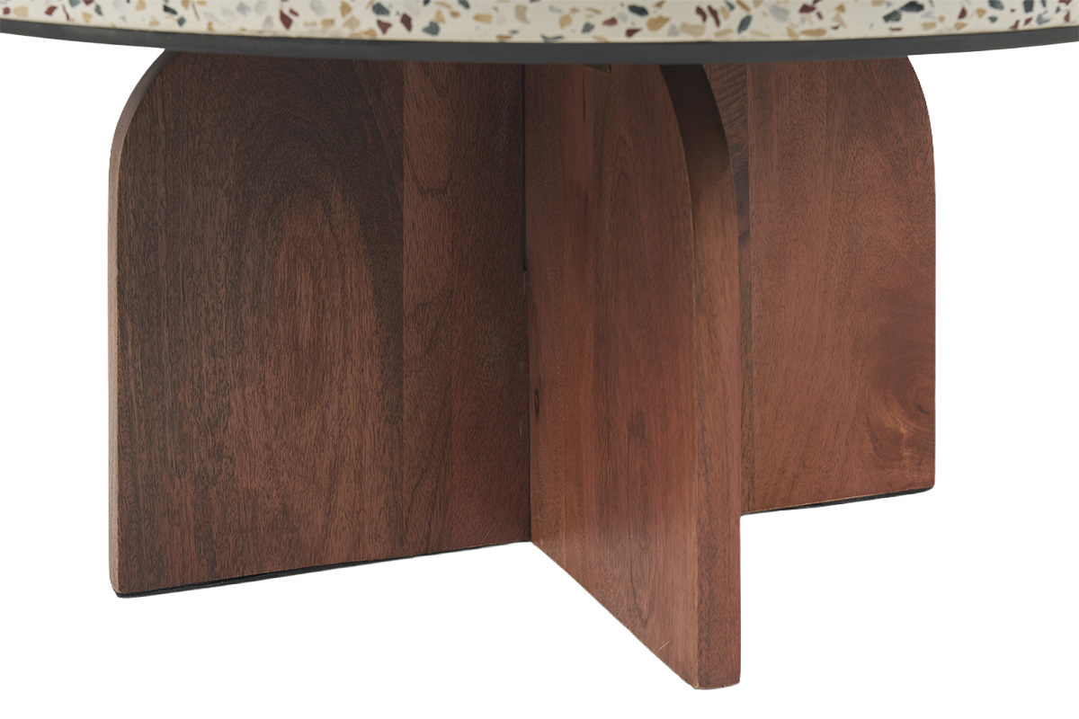 Base de madera oscura de mango s�lido de la mesa de centro redonda NESSA con tapa de terrazo.